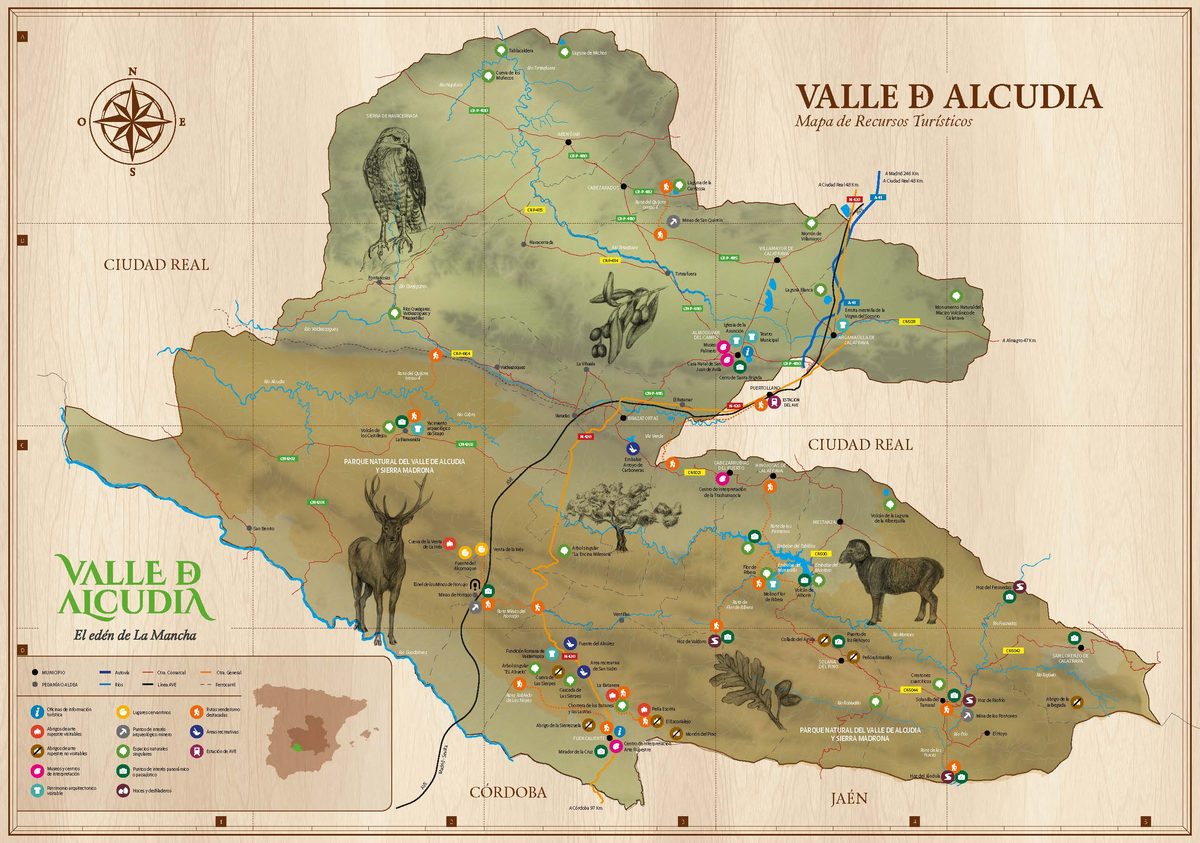 Mapa esquemático de la ruta Madrid Atocha → AVE Puertollano → Casa Rural Tres Ventas en Brazatortas