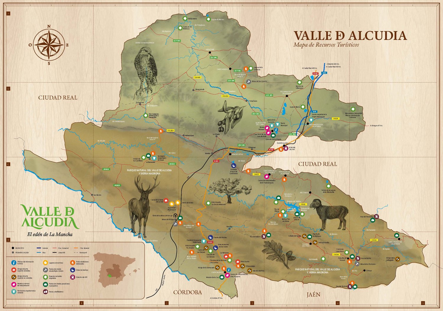 Mapa cartográfico Valle de Alcudia con la casa rural y los puntos de interés cercanos